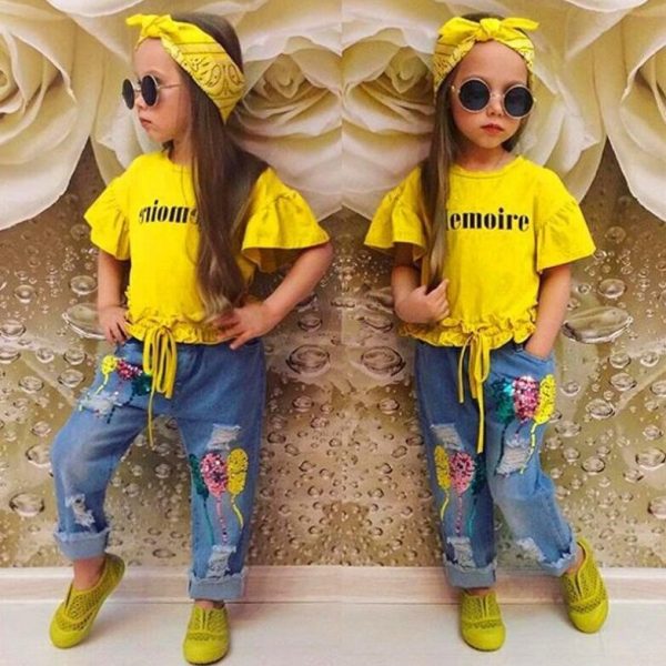 Cotton yellow letter T-shirt and jeans set