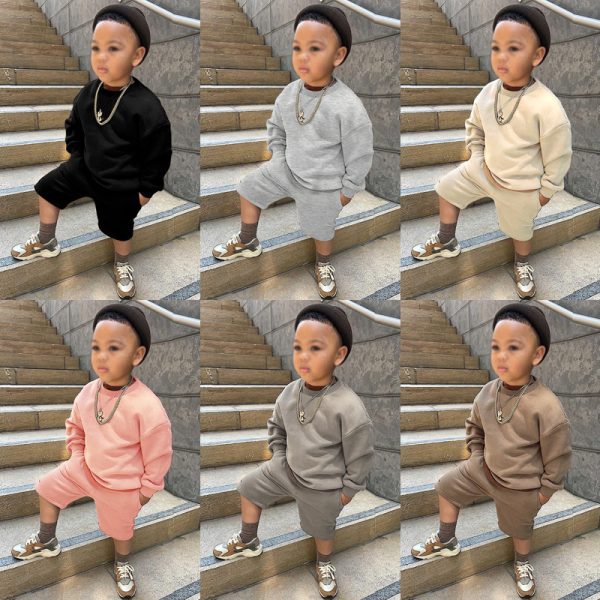 Solid color long-sleeved fleece shorts set